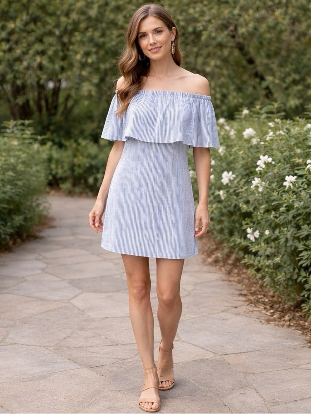 J Crew Blue Striped off the shoulder cotton dress, size L